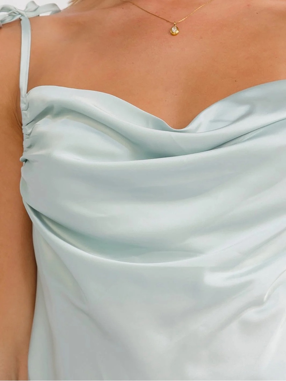 Satin Cowl Neck Tie-Strap Camisole in Light Blue Green - Picture 2 of 4